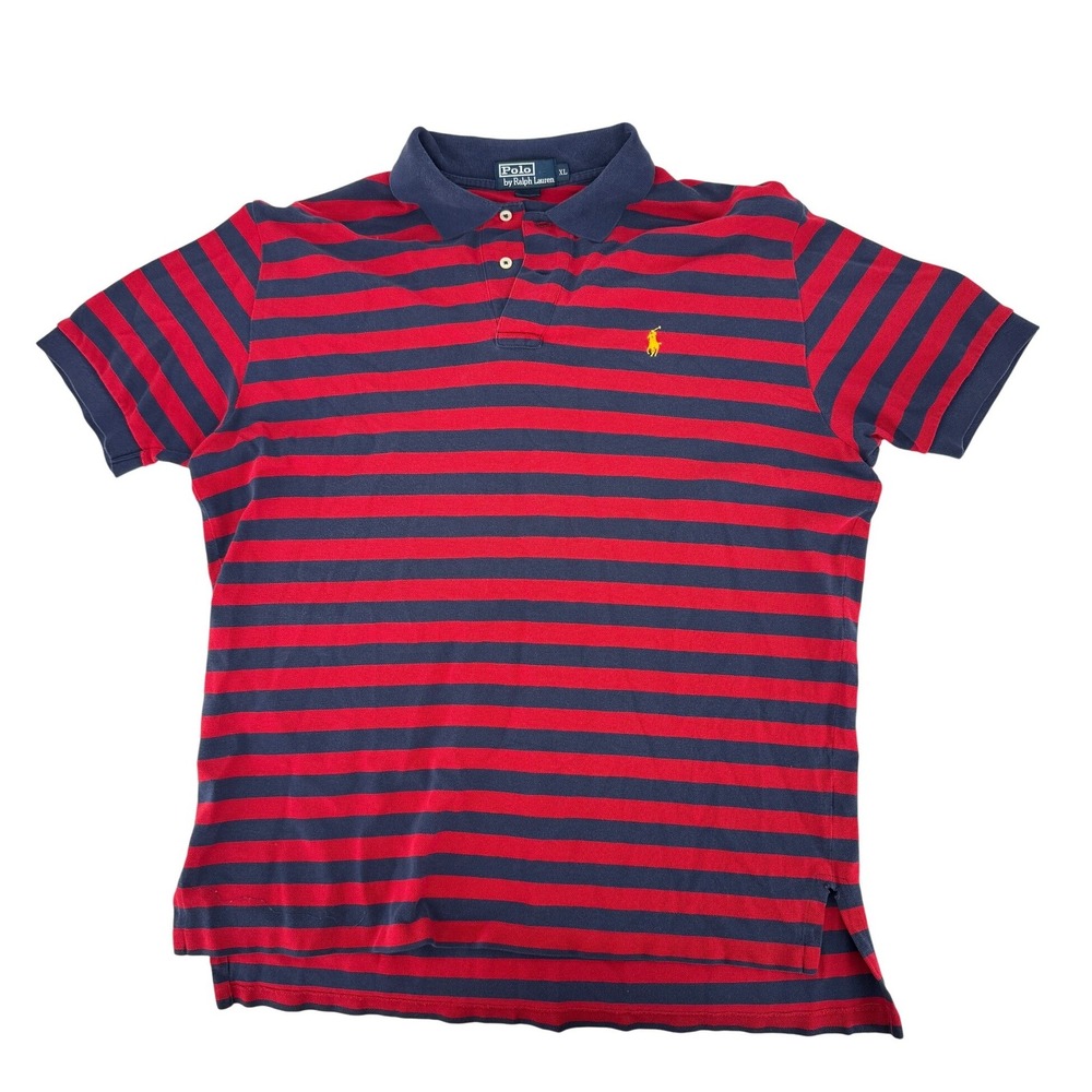 Polo Ralph Lauren Vintage XL Striped Polo Shirt Red Navy Blue Yellow Pony Logo